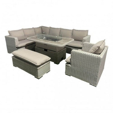 Nicol 6-Piece Steel & Rattan Outdoor Sofa Set with Fire Pit Table and Ice Bucket - Beige - UK Luxury Furniture
